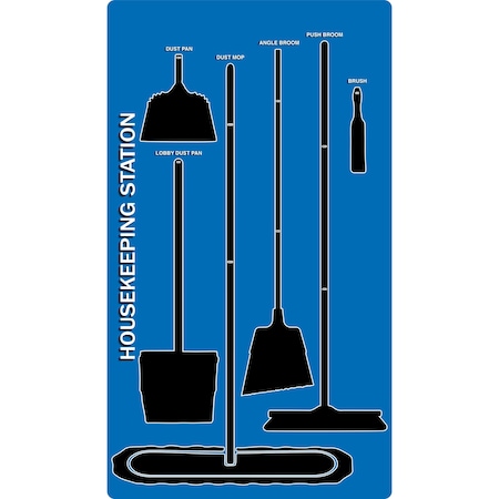 5S Supplies 5S Housekeeping Shadow Board Broom Station Version 2 - Blue Board / Black Shadows  With Broom HSB-V2-BLUE-KIT